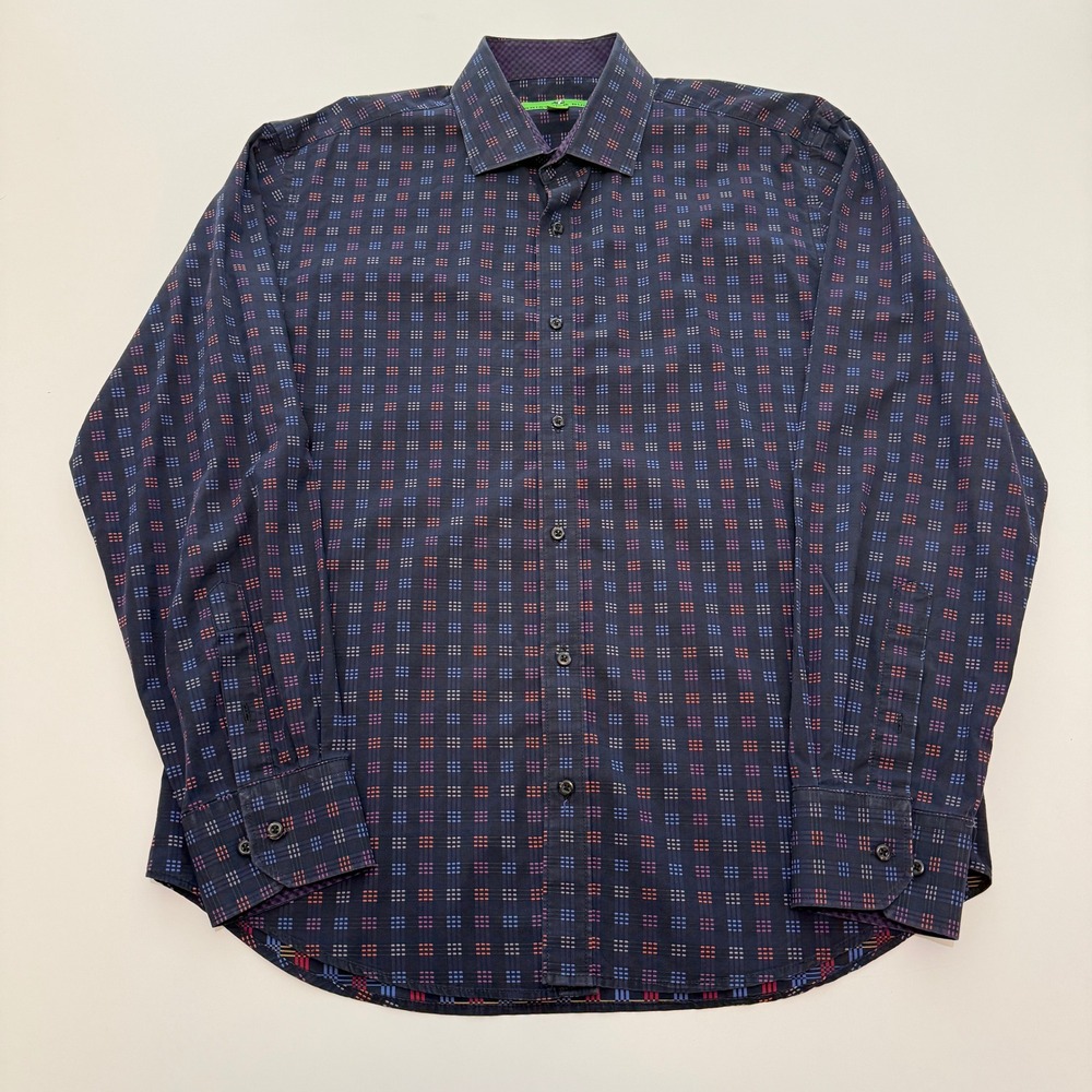 Bristol &‎ Bull Geometric Grid Navy Multi Color Cotton Button Down Mens Medium